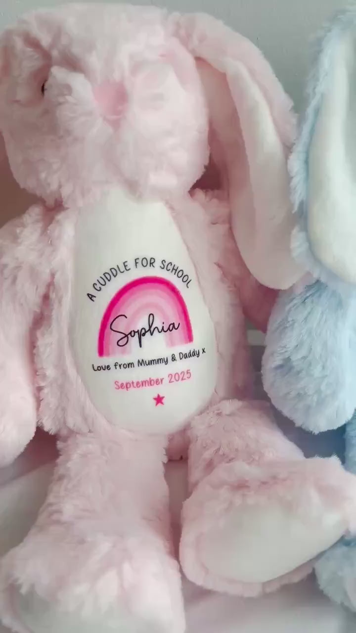 First Day of School Bunny – Custom Name Plush Toy – Cuddle Bunny Gift for Kids Starting Nursery or School - Cuddle Toy Gift with Name