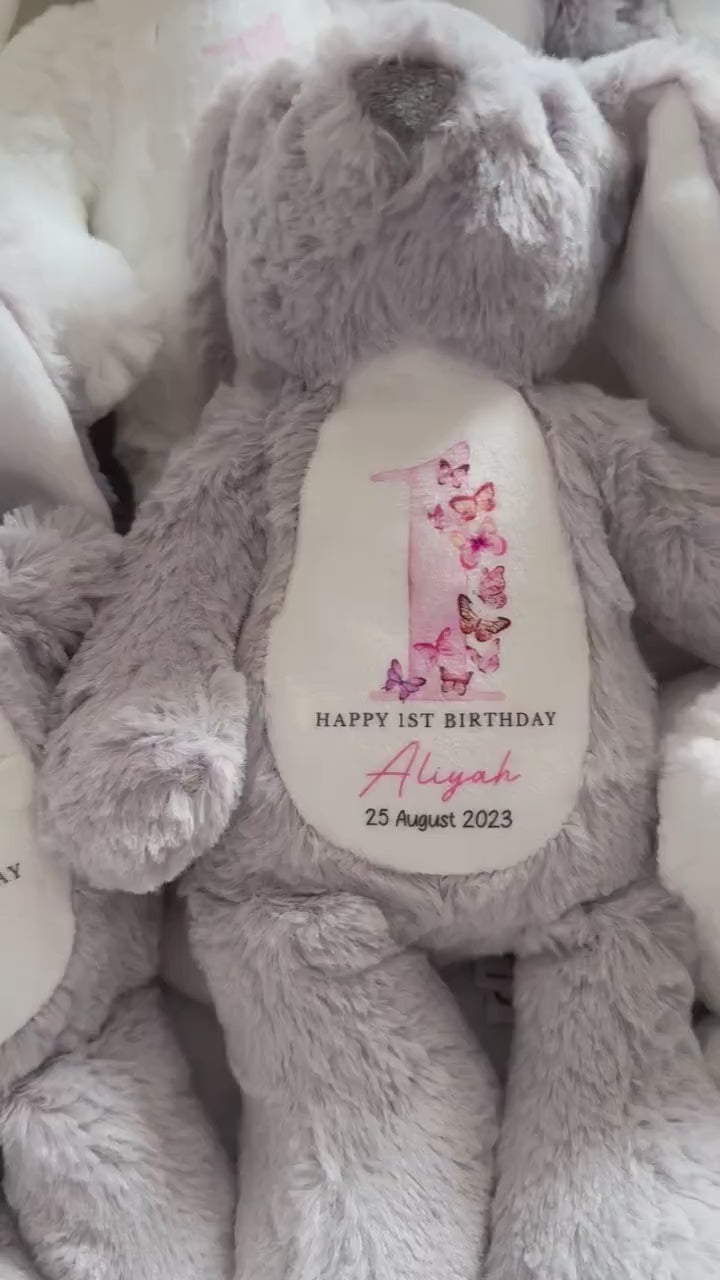 Personalised First Birthday Bunny: Customised Soft Plush Toy Gift for Baby Girls and Boys, Personalised 1st Birthday Gift, 1st Birthday Gift