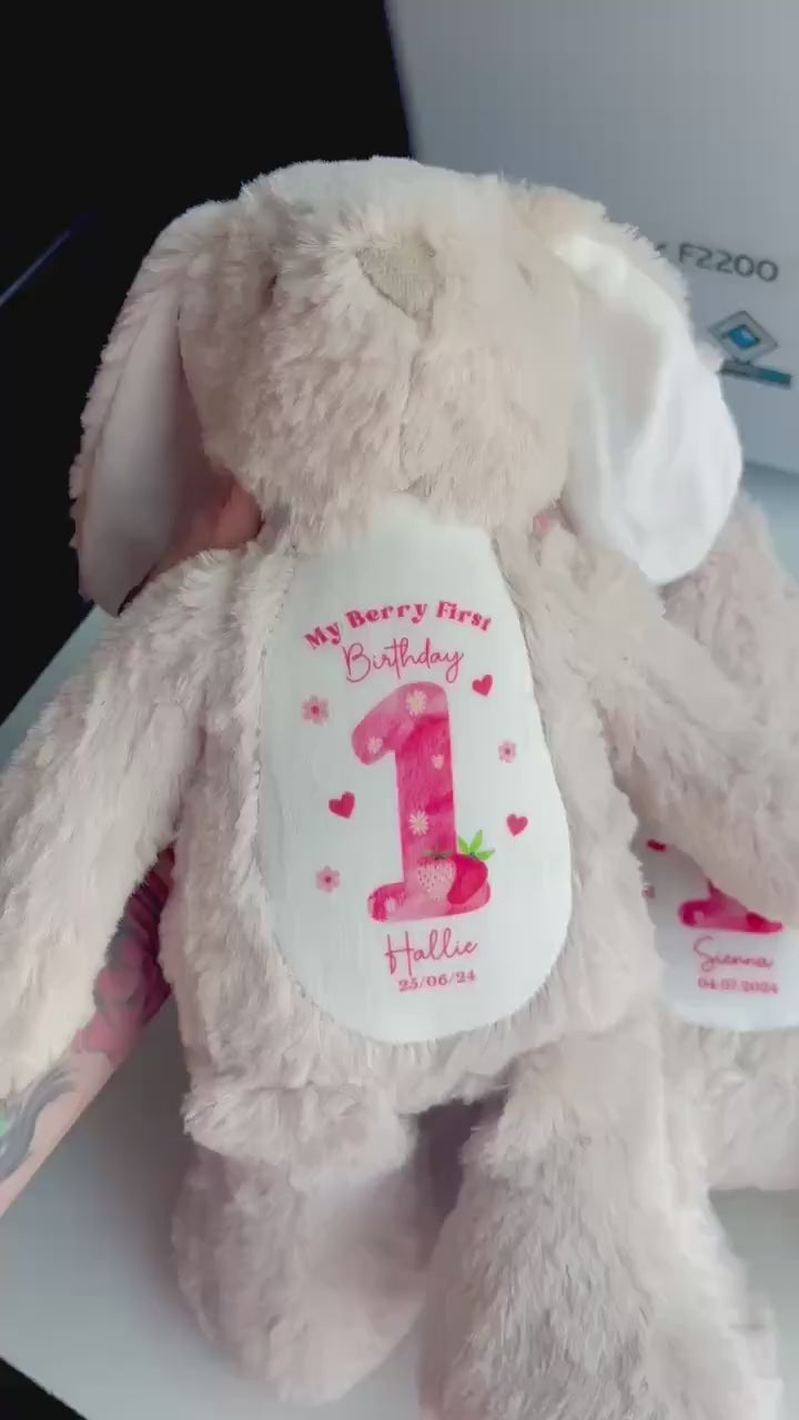 Personalised Berry First Birthday Bunny, Strawberry First Birthday Bunny, Personalised Soft Toy, Berry 1st, First Birthday Gift for Baby