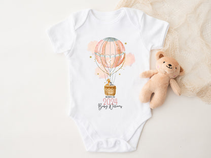 Peach Born In 2024 Hot Air Balloon Personalised Sleepsuit/Babygrow