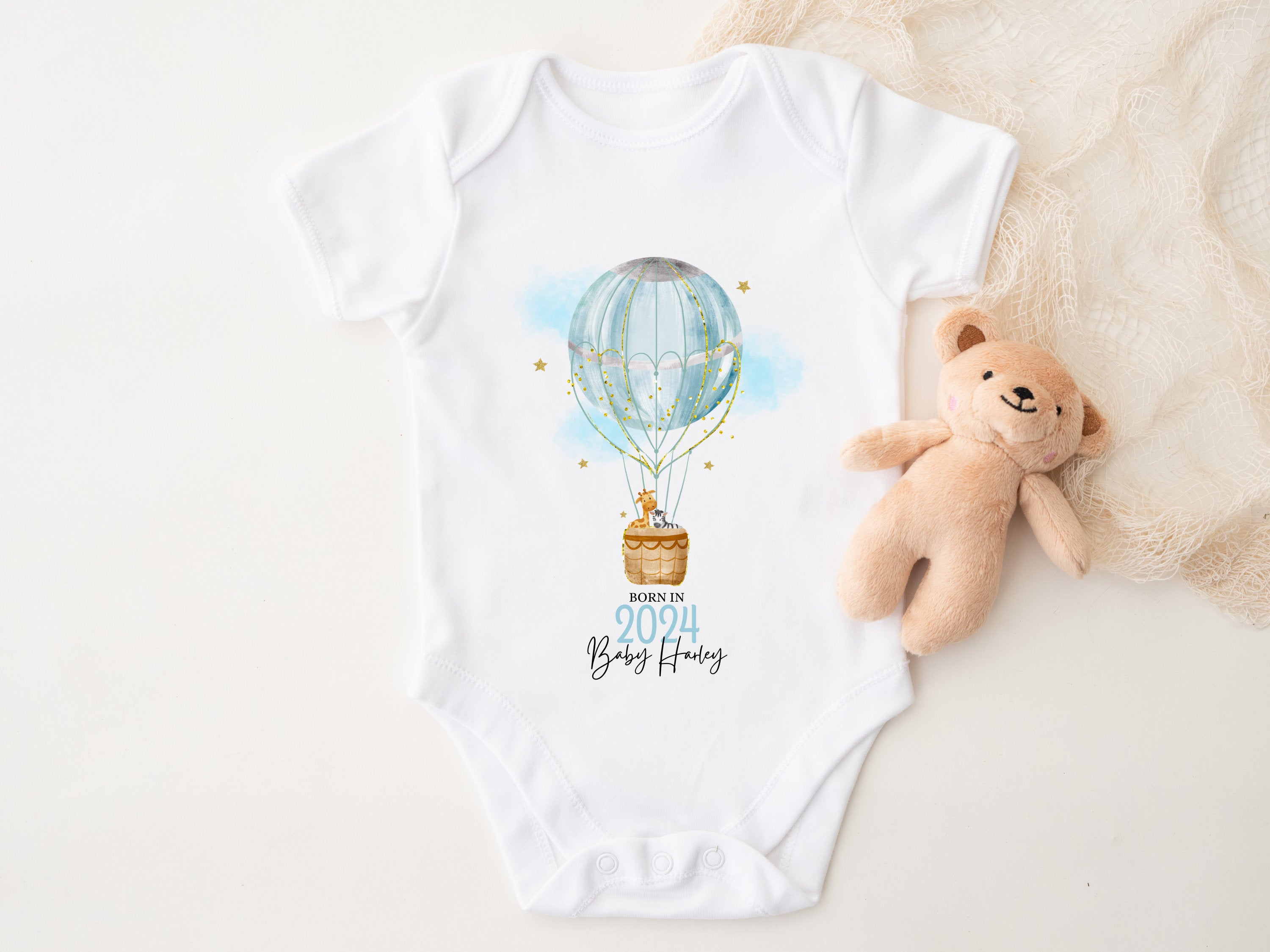 Blue Born In 2024 Hot Air Balloon Personalised Sleepsuit/Babygrow