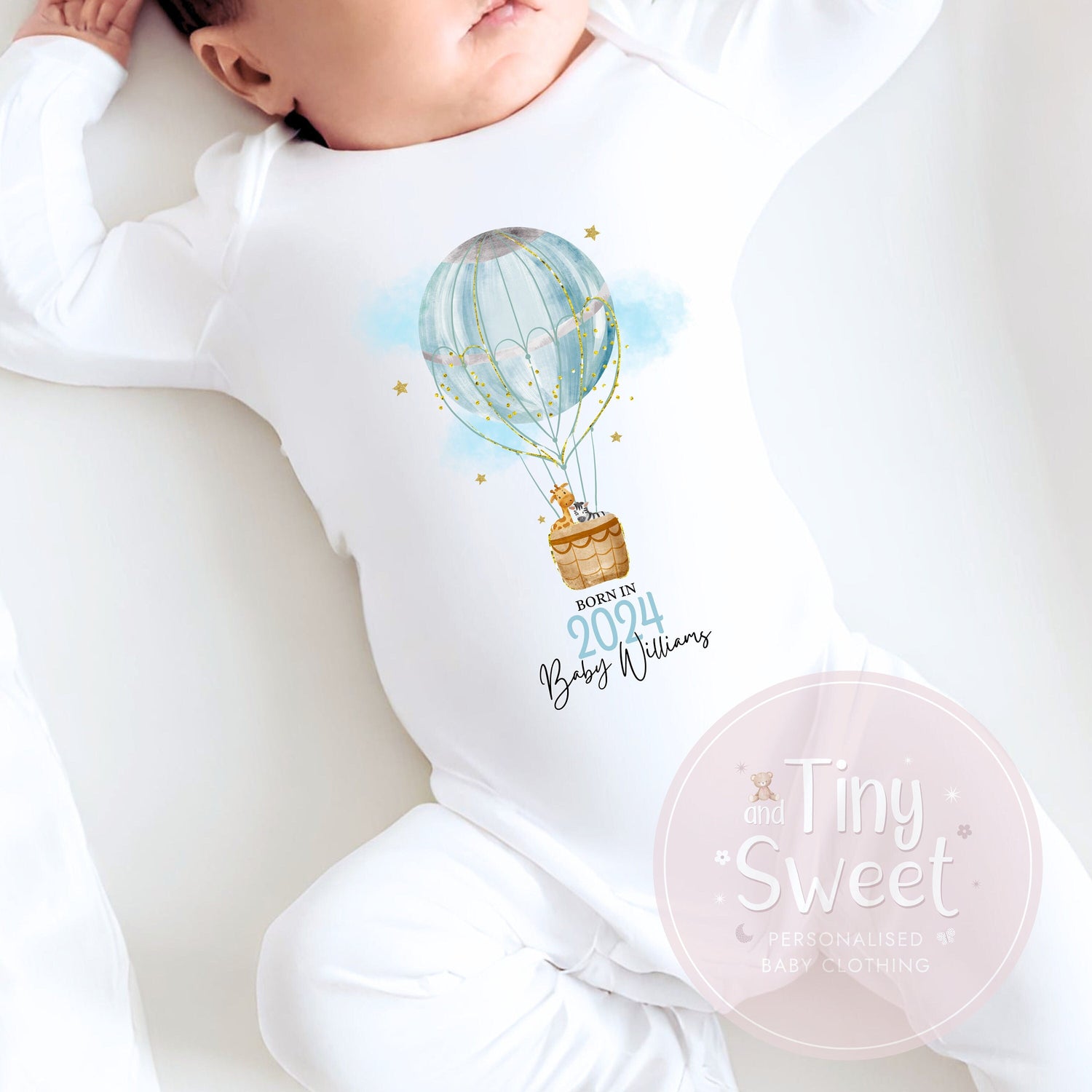 Blue Born In 2024 Hot Air Balloon Personalised Sleepsuit/Babygrow