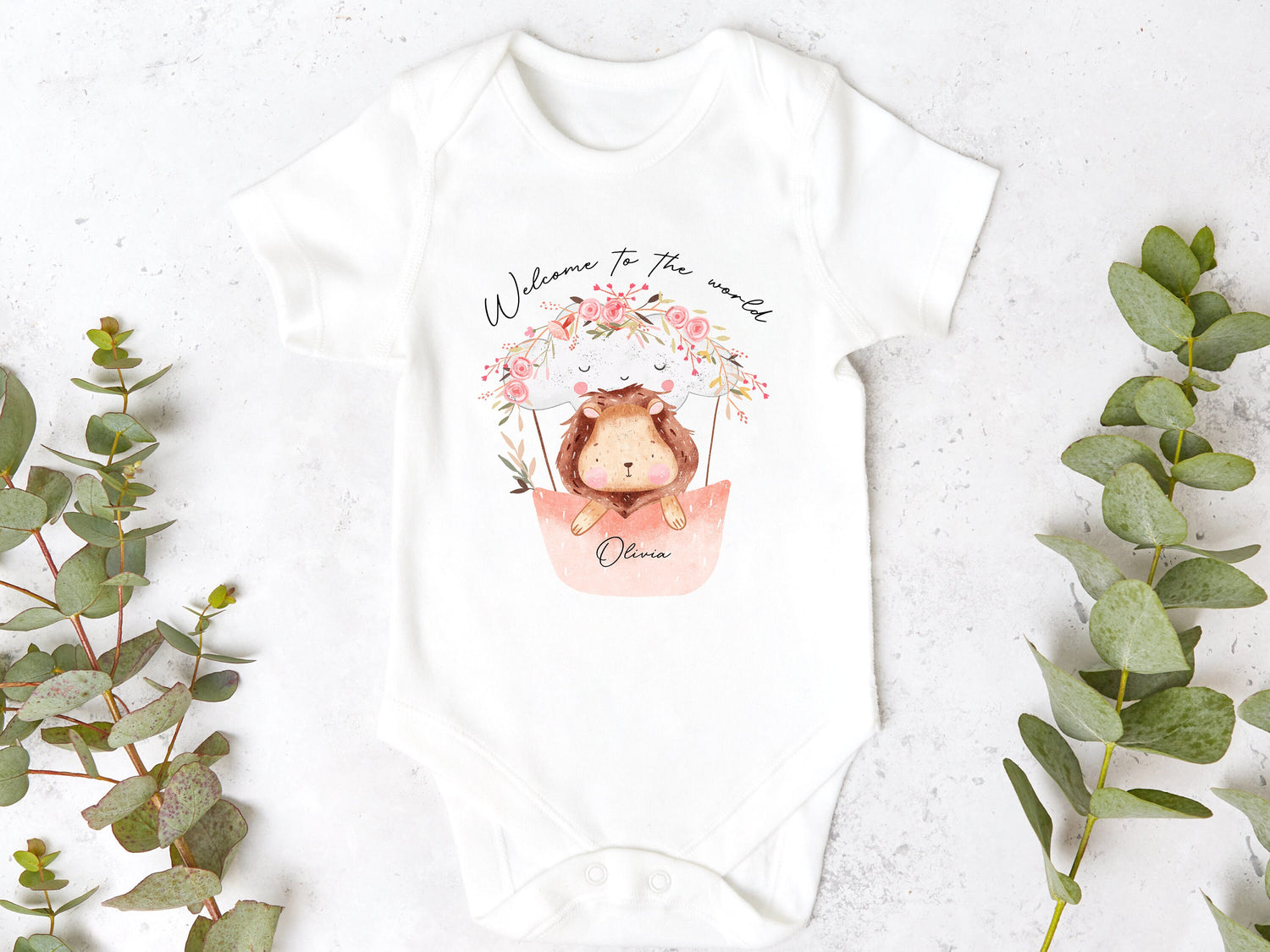 Floral Lion Welcome To The World Personalised Sleepsuit/Babygrow
