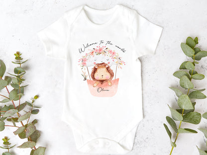 Floral Lion Welcome To The World Personalised Sleepsuit/Babygrow