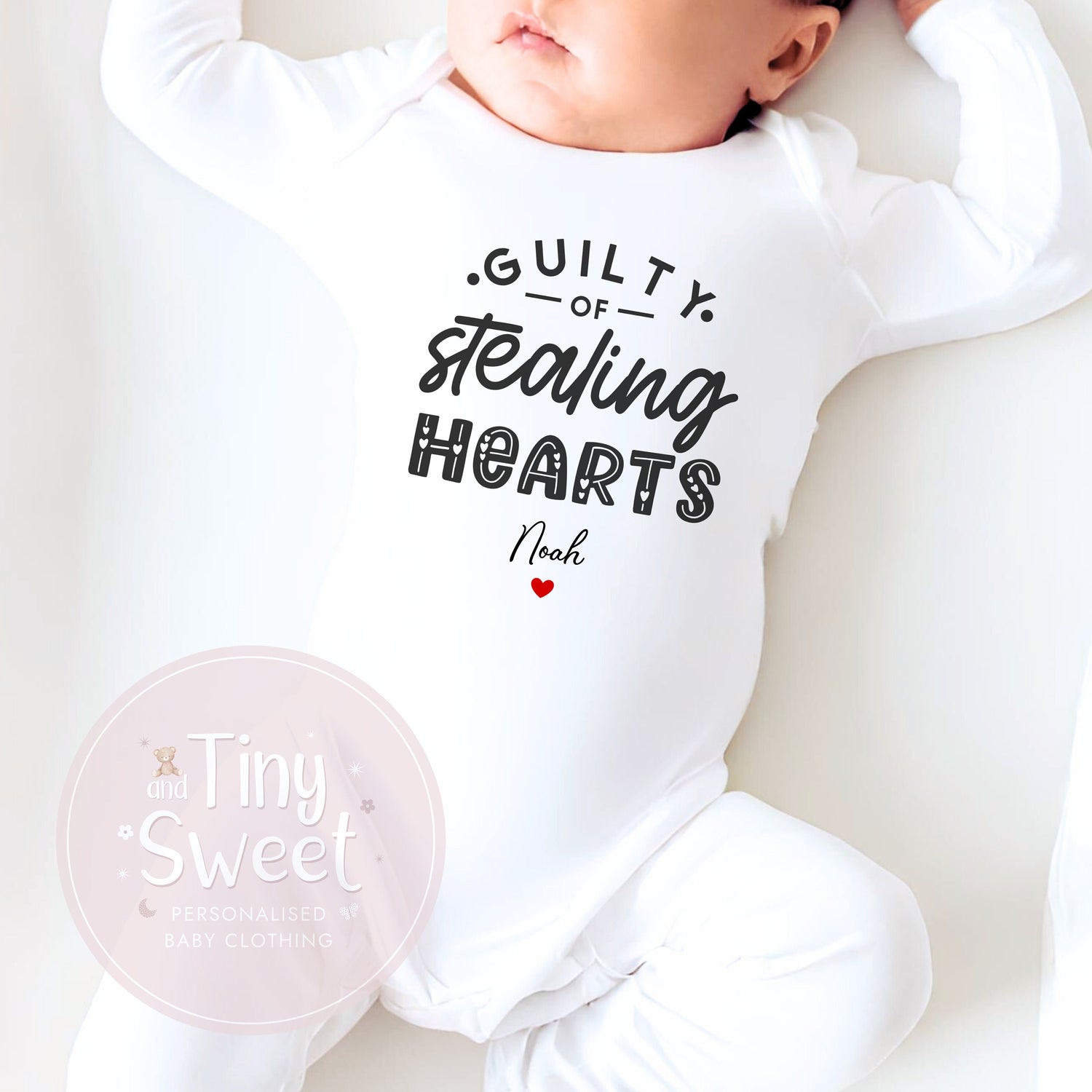 Guilty Of Stealing Hearts Personalised Sleepsuit/Babygrow