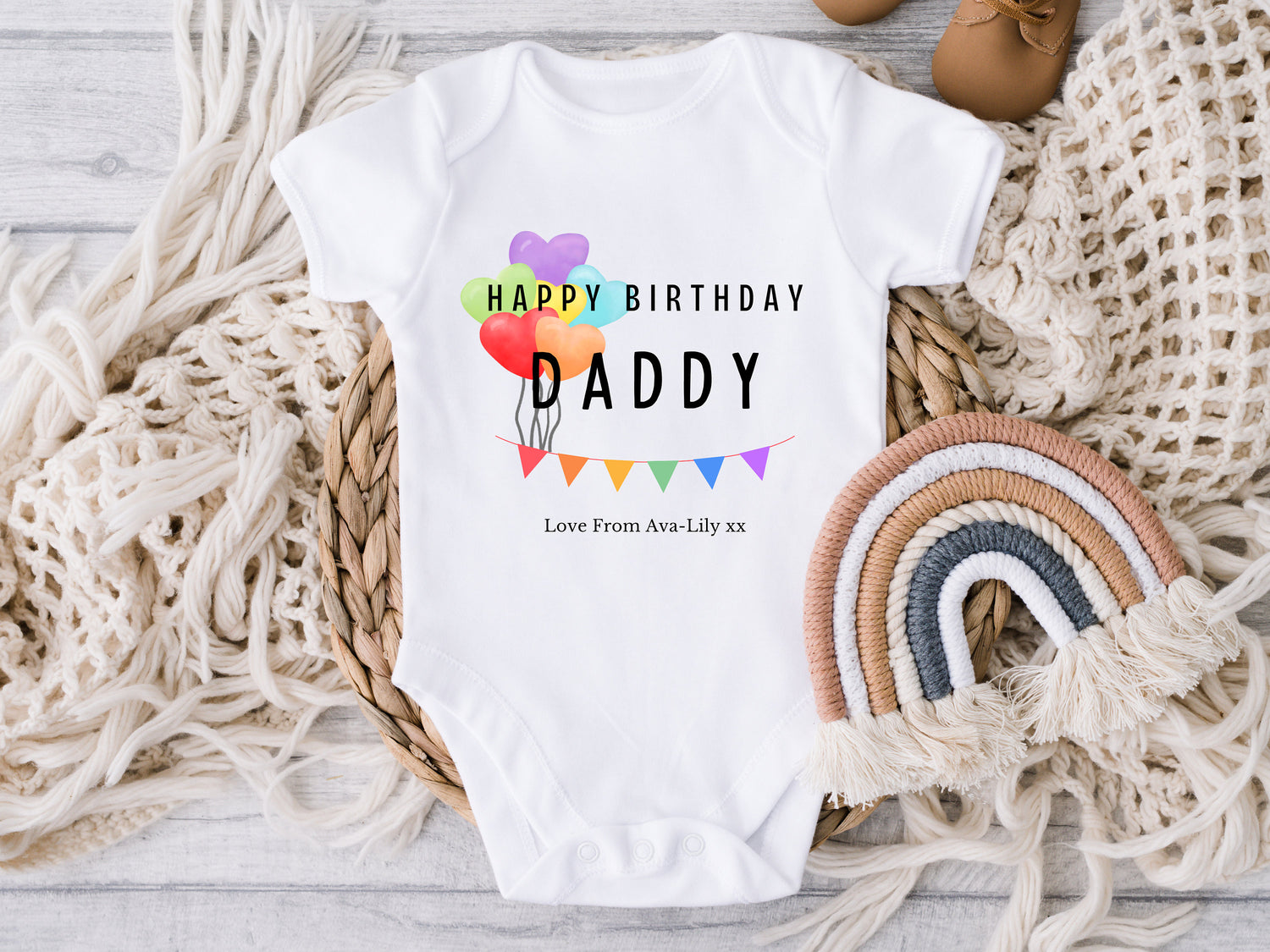 Happy Birthday Daddy Rainbow Personalised Sleepsuit/Babygrow Vest Newborn