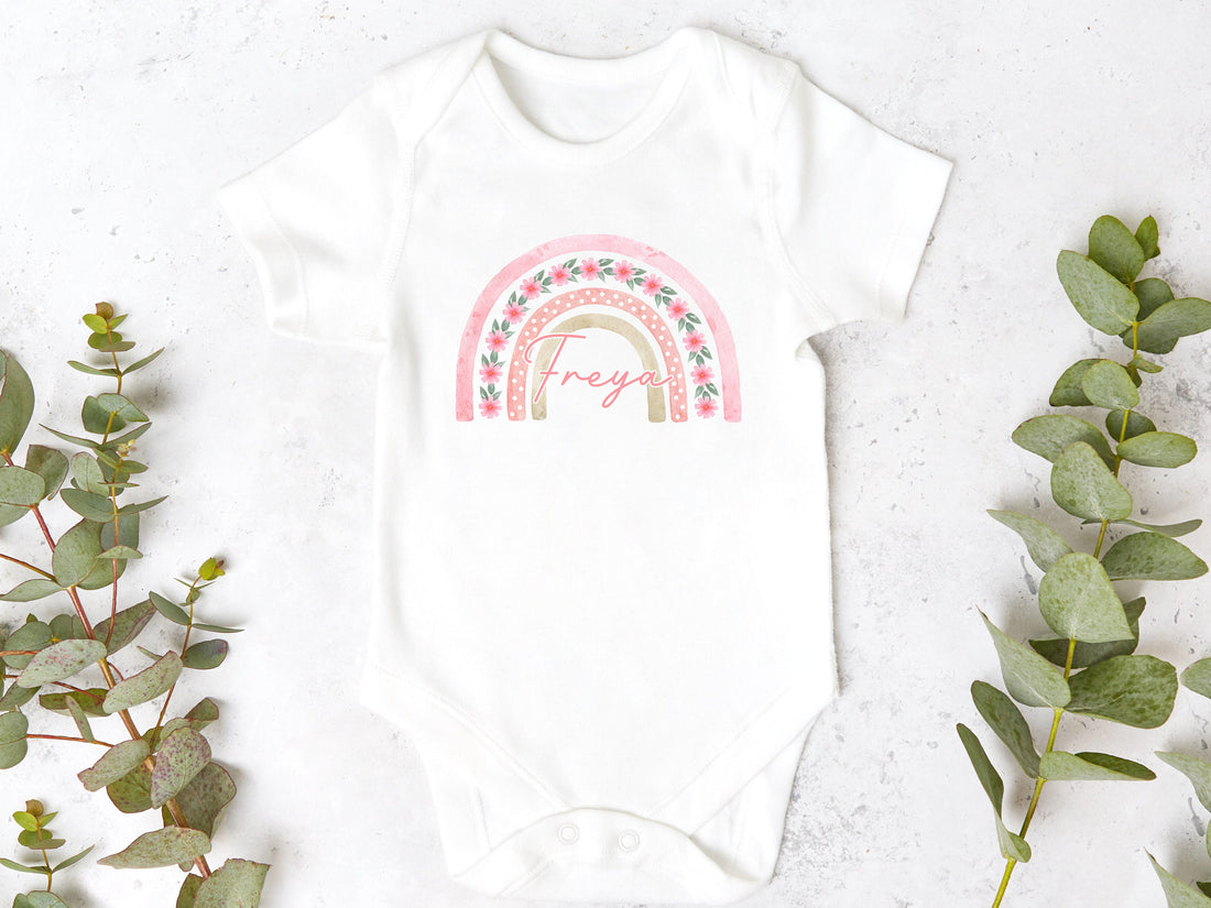 Pretty Pink Rainbow Personalised Sleepsuit/Babygrow