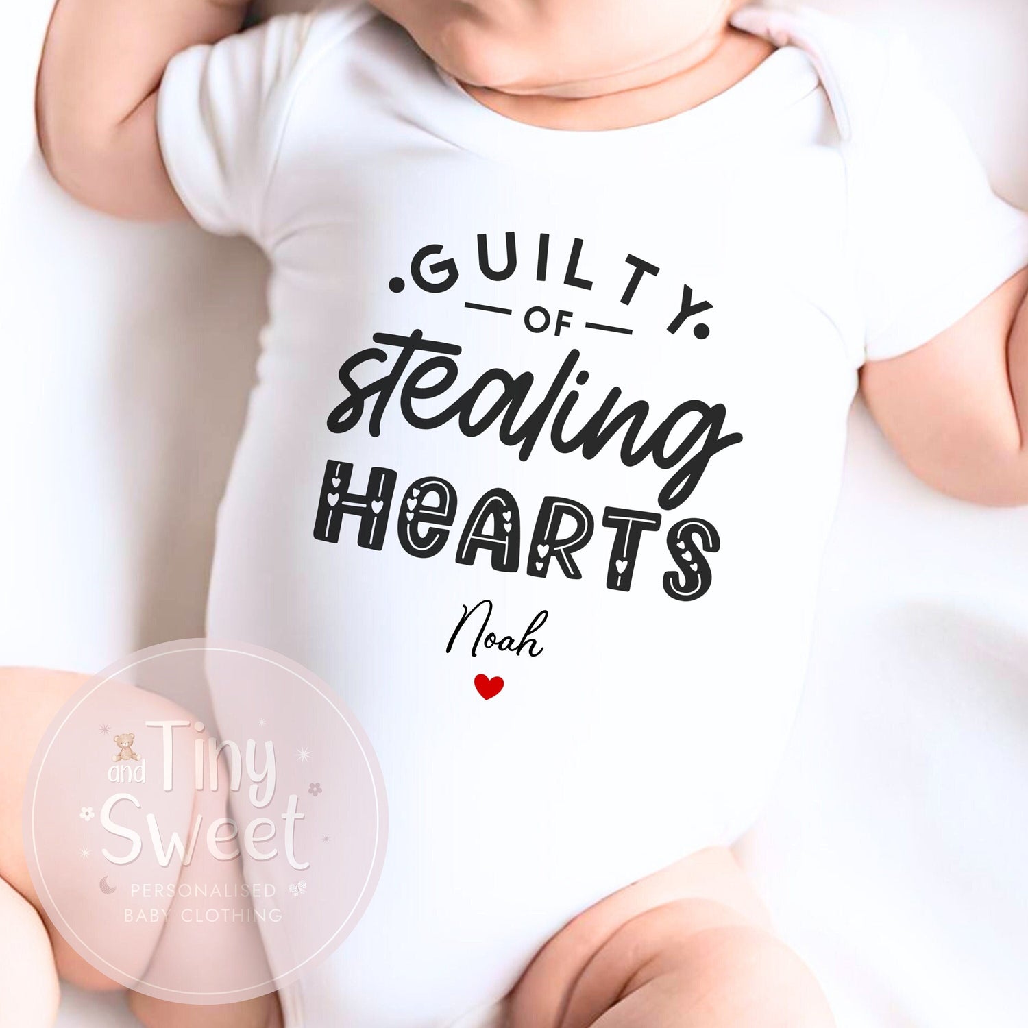 Guilty Of Stealing Hearts Personalised Sleepsuit/Babygrow